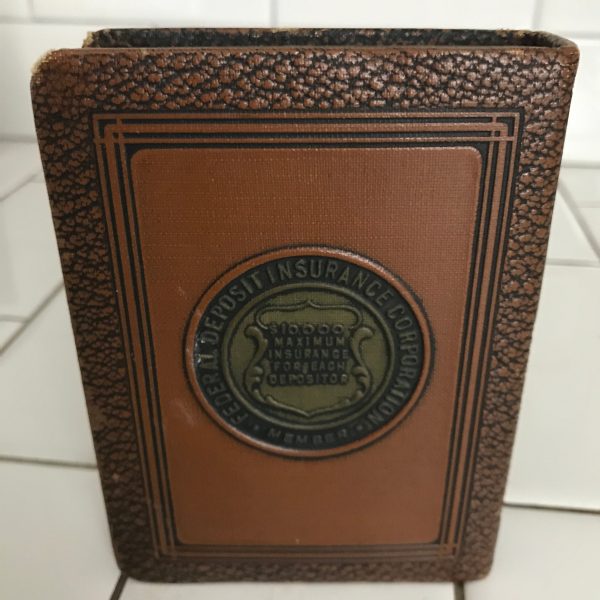 Vintage locking book bank made for storing money in a secret way metal with lock and leather binding Waseca, Minn Book of Thrift