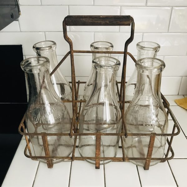 Vintage Milk Bottles in Metal Delivery rack 6 quart size bottles Birmingham farmhouse rustic collectible kitchen decor
