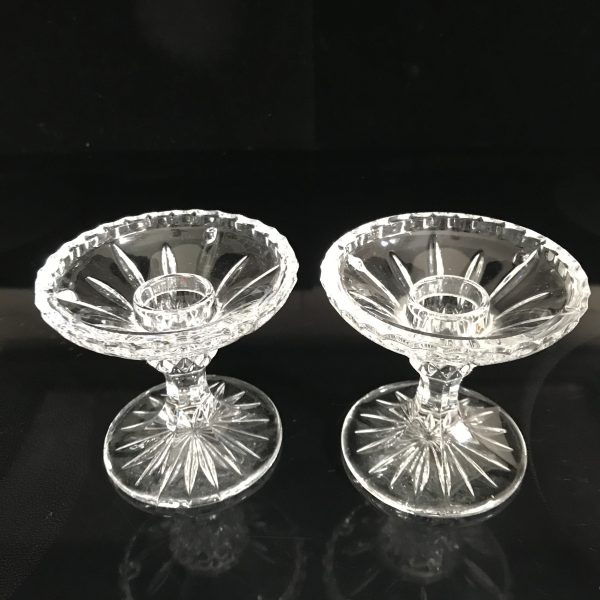 Vintage Pair crystal candlestick holders Poland elegant cut crystal cut star flower pattern diamond centers