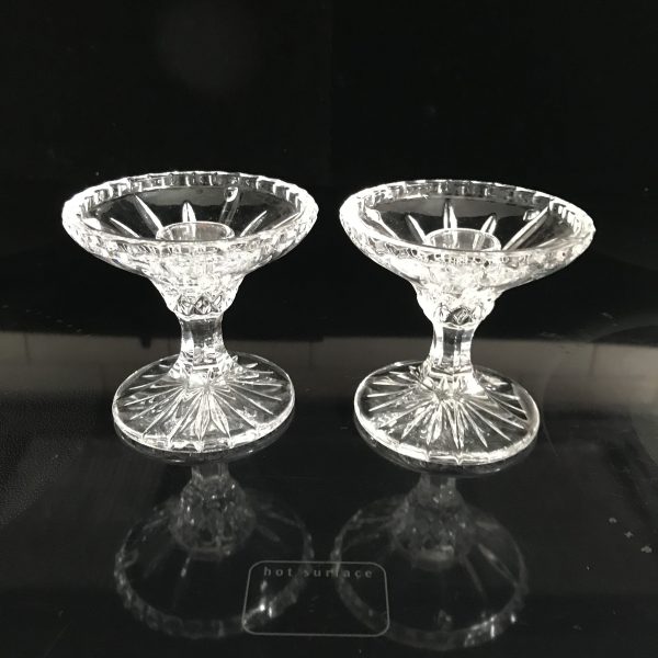 Vintage Pair crystal candlestick holders Poland elegant cut crystal cut star flower pattern diamond centers