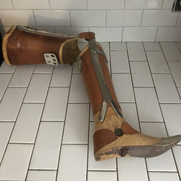 Vintage Prosthetic Leg Wood and Metal adjustable leather straps Germany movie prop medical collectible display