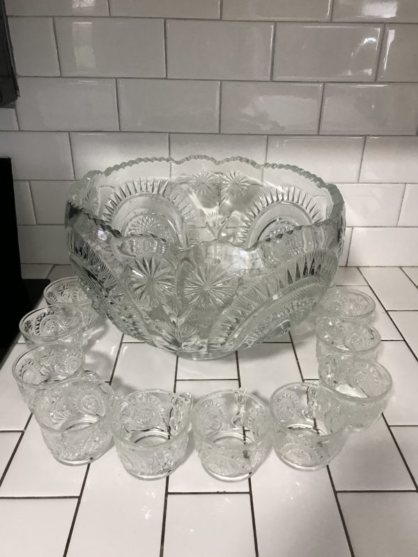 Vintage Punch Bowl Set 12 cups Gigantic Round Saw tooth edge American Brilliant Pattern EAPG  matching base Holidays Bridal