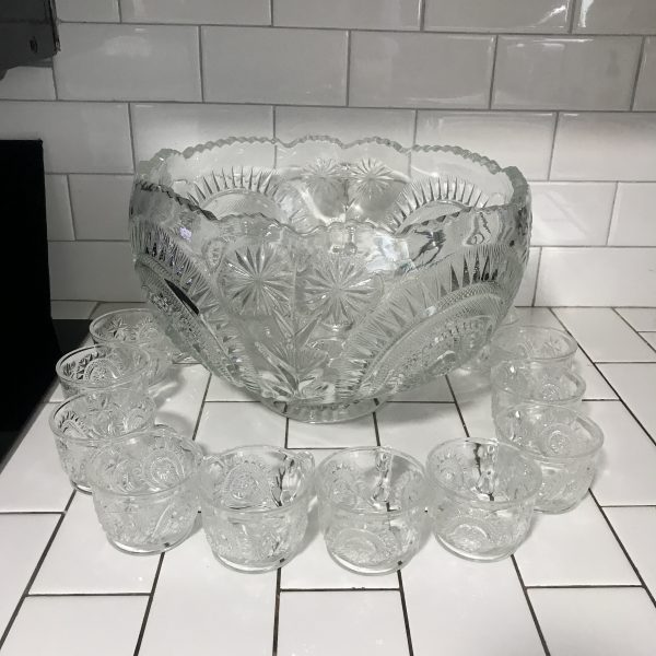 Vintage Punch Bowl Set 12 cups Gigantic Round Saw tooth edge American Brilliant Pattern EAPG  matching base Holidays Bridal