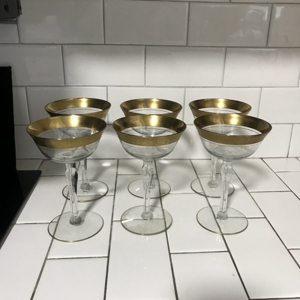 Vintage set of 6 Wine glasses shallow champagne paneled crystal with heavy gold ornate trim display collectible evening dining