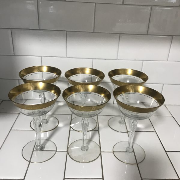 Vintage set of 6 Wine glasses shallow champagne paneled crystal with heavy gold ornate trim display collectible evening dining