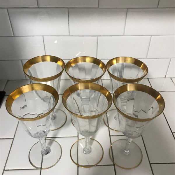 Vintage set of 6 Wine glasses water goblets paneled crystal with heavy gold ornate trim display collectible evening dining