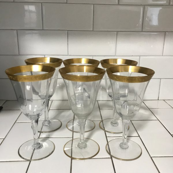 Vintage set of 6 Wine glasses water goblets paneled crystal with heavy gold ornate trim display collectible evening dining