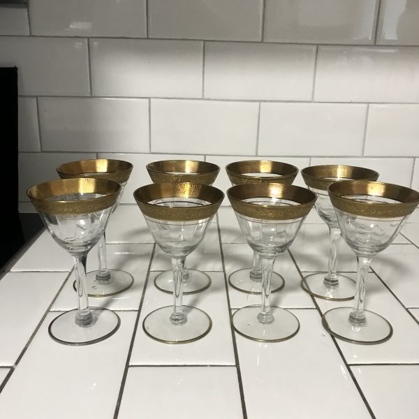 Vintage set of 8 Wine Cordials paneled crystal with heavy gold ornate trim display collectible evening dining