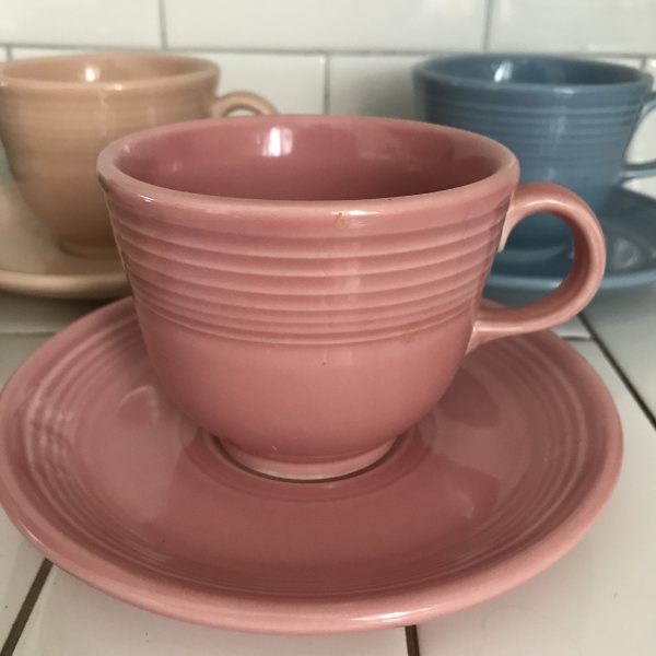Vintage Tea cup and Saucer Fiesta 1990 colors Mauve Yellow Blue Teal Apricot Sold As Singles collectible dining Homer Laughlin