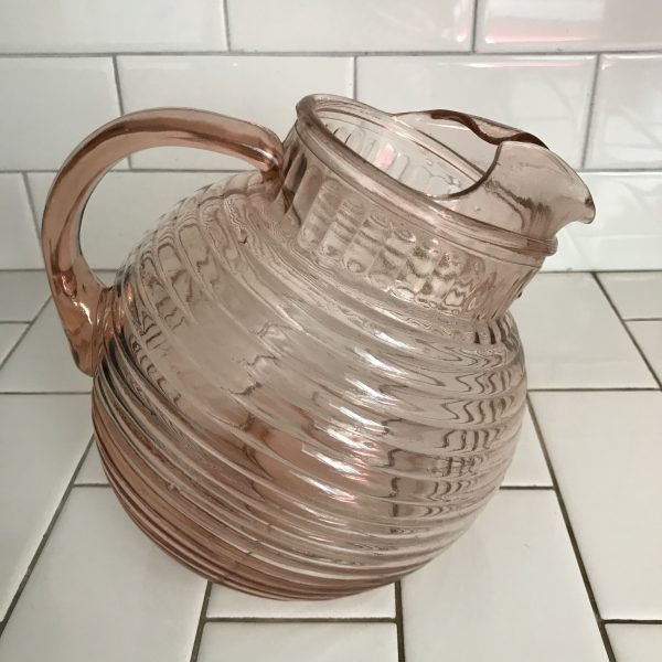 Vintage Tilt ball pitcher pink ribbed glass depression era collectible display farmhouse cottage