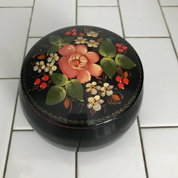 Vintage Tole Painted trinket box metal black with bright colored flowers collectible display lidded dish