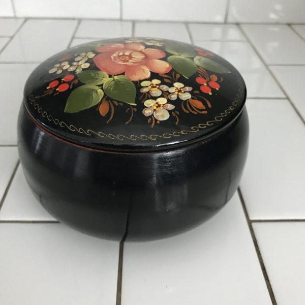 Vintage Tole Painted trinket box metal black with bright colored flowers collectible display lidded dish