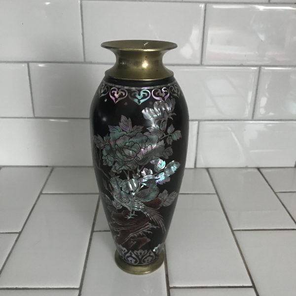 Vintage Vase Stone and brass with heavy abalone inlay extremely ornate detail Asian style 8 1/4" tall display collectible