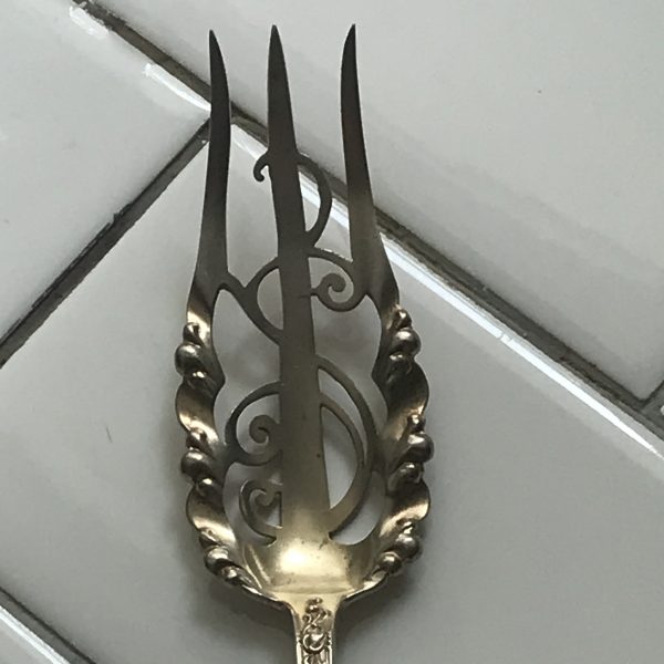Antique Ornate Sterling silver Serving fork 38 grams Unique and Very Ornate Specialty Fork JB SM Knowles
