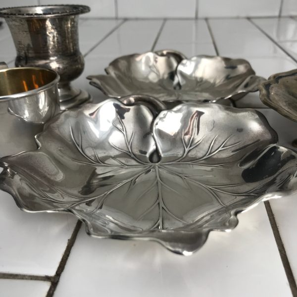 Vintage Sterling silver collectible 307 grams display elegant dining pair of Leaf shaped bowls baby cup toothpick urn footed bowl