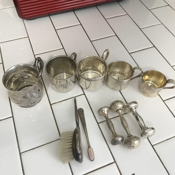 Vintage Sterling silver lot of baby items 399 grams 5 cups toothbrush hairbrush 3 rattles collectible sterling lot