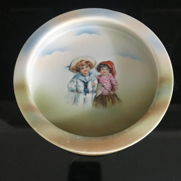 Antique Baby Plate Bowl with great characters Heavy Toddler dish with rim farmhouse collectible display early 1900's