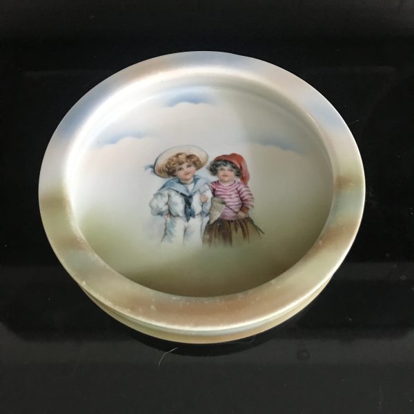 Antique Baby Plate Bowl with great characters Heavy Toddler dish with rim farmhouse collectible display early 1900's