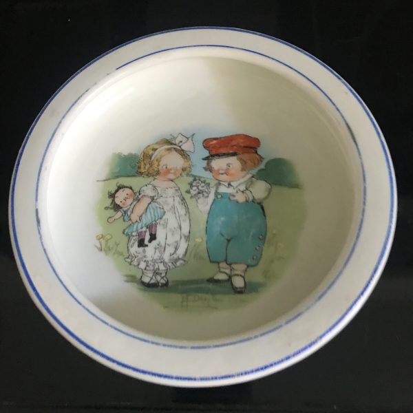 Antique Baby Plate Bowl with great characters US Cleveland China Heavy baby dish with rim farmhouse collectible display early 1900's