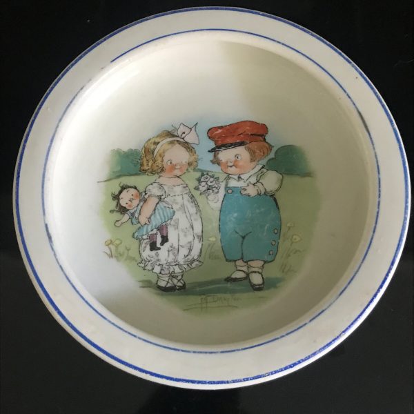 Antique Baby Plate Bowl with great characters US Cleveland China Heavy baby dish with rim farmhouse collectible display early 1900's