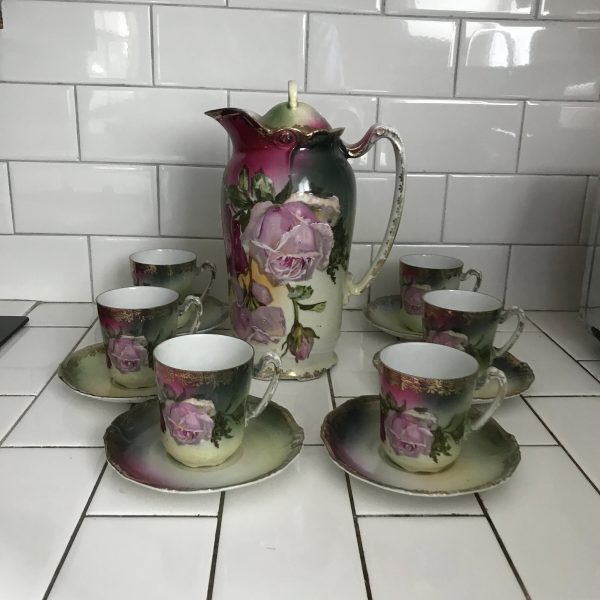 Antique Hand Painted Chocolate Set Stunning gold trim Roses with enameling collectible display antique home decor tea coffee