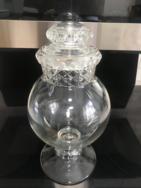 Antique mid 1800's Pharmacy Show globe candy jar counter display drug or general store mercantile farmhouse 14" tall ground glass stopper