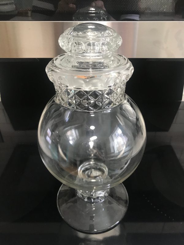 Antique mid 1800's Pharmacy Show globe candy jar counter display drug or general store mercantile farmhouse 14" tall ground glass stopper
