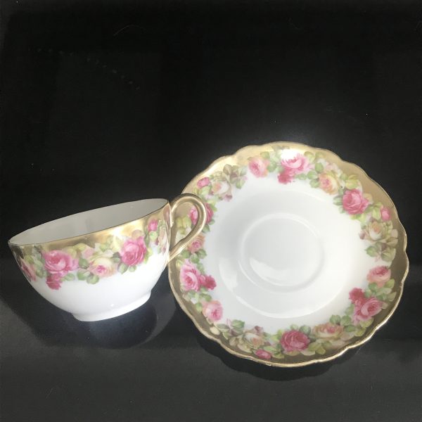 Antique RPM Bavaria Tea cup and saucer heavy gold with yellow and pink roses ornate farmhouse collectible display Germany