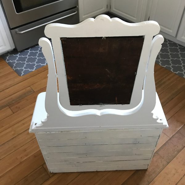 Antique small size child furniture pretend play mini dresser with mirror 3 drawers gold handles farmhouse cottage collectible display