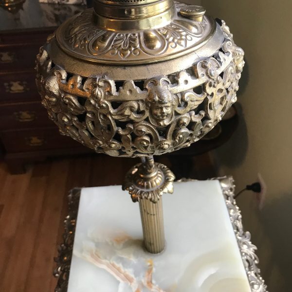 Antique Victorian Lamp Brass with Marble Ornate Globe and Lamp base farmhouse collectible display