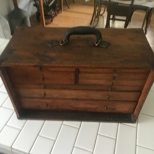 Antique wooden tackle box fishing storage collectible display farmhouse cottage cabin lodge leather handle brass corners & knobs felt lined