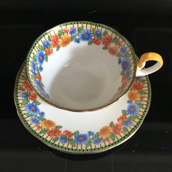 Aynsley Tea Cup and Saucer bright floral rim yellow blue orange with yellow handle Fine porcelain England Collectible Display Farmhouse