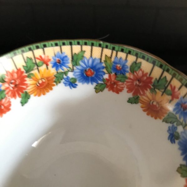 Aynsley Tea Cup and Saucer bright floral rim yellow blue orange with yellow handle Fine porcelain England Collectible Display Farmhouse