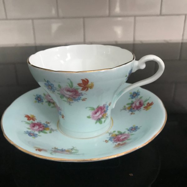 Aynsley Tea Cup and Saucer Corset mint light blue Chintz Pink Cabbage Rose Gold trim England Collectible Display Farmhouse bridal