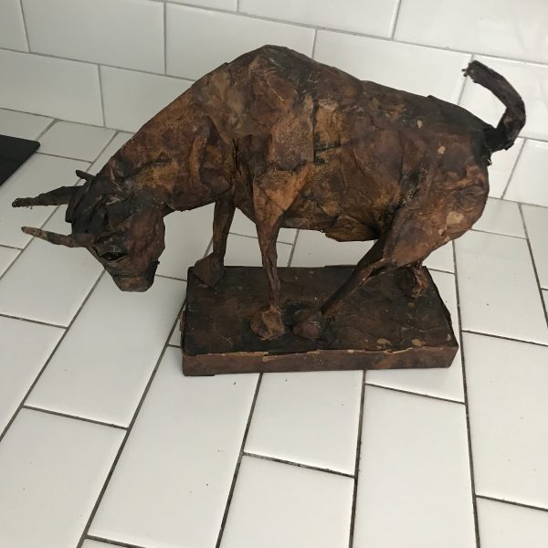 Fantastic Artisan made Paper Bull figurine display farmhouse rustic primitive vintage decor great detail collectible lodge cabin hunting