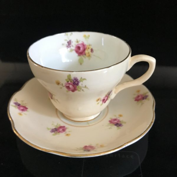 Foley Tea Cup and Saucer Dainty Floral Peach with pink cabbage rose Chintz pattern Fine bone china England Collectible Display Farmhouse