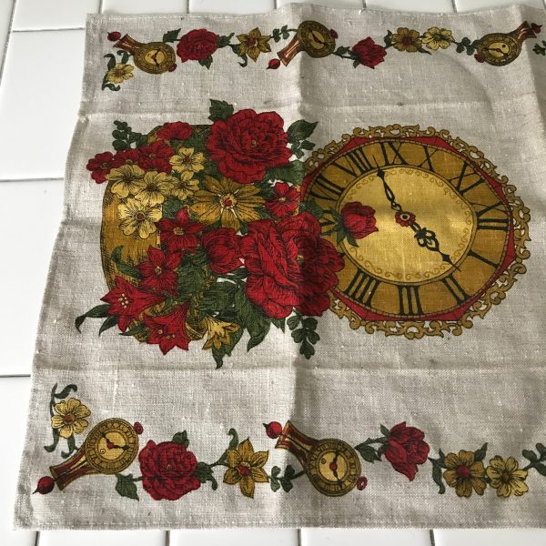 Mid Century Colorful Kitchen towel New Old stock Unused 100% linen Vivid Colors Red Roses with gold clock