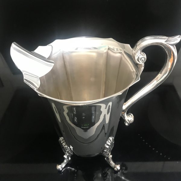 Stunning water Pitcher paneled body with ice catcher top scalloped edges ornate feet serving dining kitchen collectible silverplate