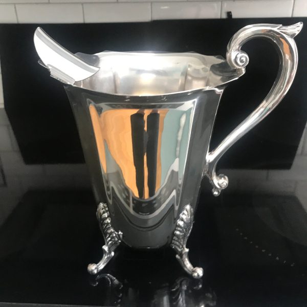 Stunning water Pitcher paneled body with ice catcher top scalloped edges ornate feet serving dining kitchen collectible silverplate