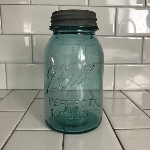 Vintage Ball Quart Jar zinc lid with glass insert farmhouse collectible display cabin lodge storage kitchen shoulder jar