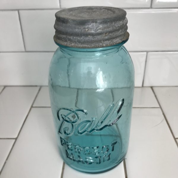 Vintage Ball Quart Jar zinc lid with glass insert farmhouse collectible display cabin lodge storage kitchen shoulder jar