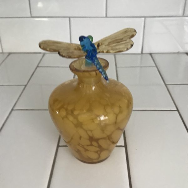 Vintage blown glass perfume bottle with ground stopper Dragon Fly blue and gold collectible vanity display
