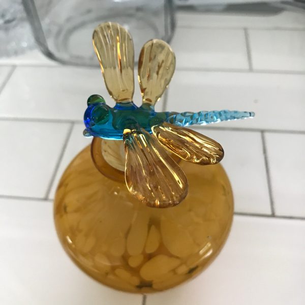 Vintage blown glass perfume bottle with ground stopper Dragon Fly blue and gold collectible vanity display