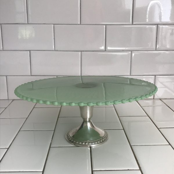 Vintage Cake Stand Plate Jadeite color Upcycled display collectible contemporary color patterned with sterling silver stand