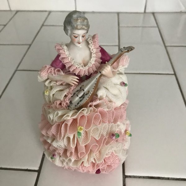 Vintage Dresden Ireland Crinoline Lace Victorian woman playing instrument ornate full skirt hand painted collectible figurine collectible