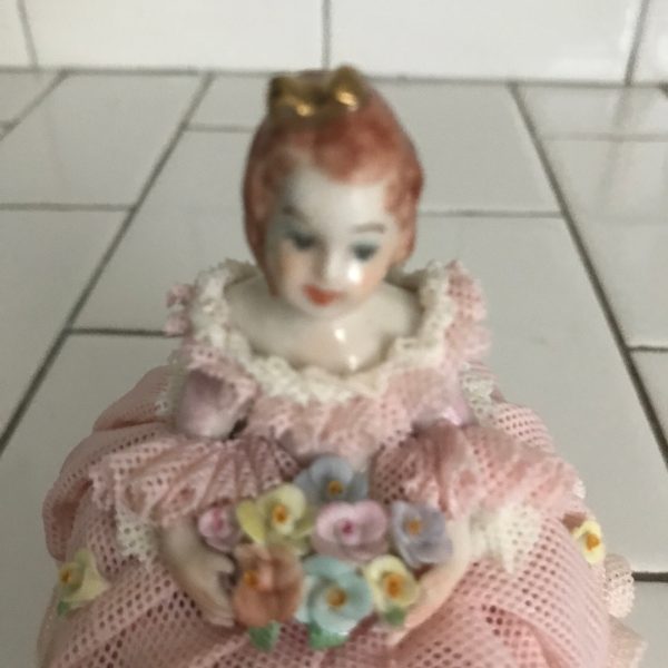 Vintage Dresden Ireland Crinoline Victorian handpainted Martina collectible display zero damage full skirt with added flowers Pink or White