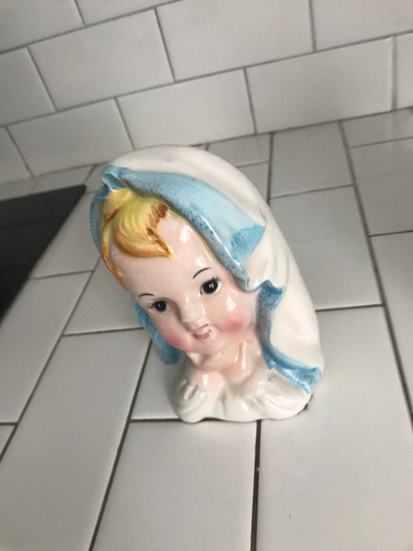 Vintage Headvase Head vase anthropomorphic baby with blanket white shirt boy baby Relpo Japan Mid Century collectible display