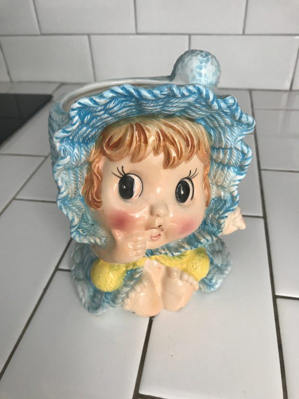 Vintage Headvase Head vase anthropomorphic baby with blue clothing and bonnet Japan Mid Century collectible display