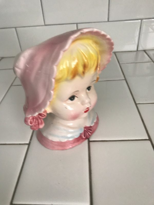 Vintage Headvase Head vase anthropomorphic baby with Pink and bonnet Relpo Japan Mid Century collectible display