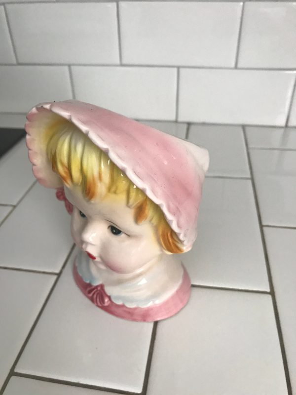 Vintage Headvase Head vase anthropomorphic baby with Pink and bonnet Relpo Japan Mid Century collectible display